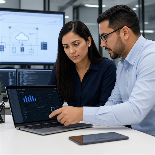 Profesionales revisando la operación de plataformas web